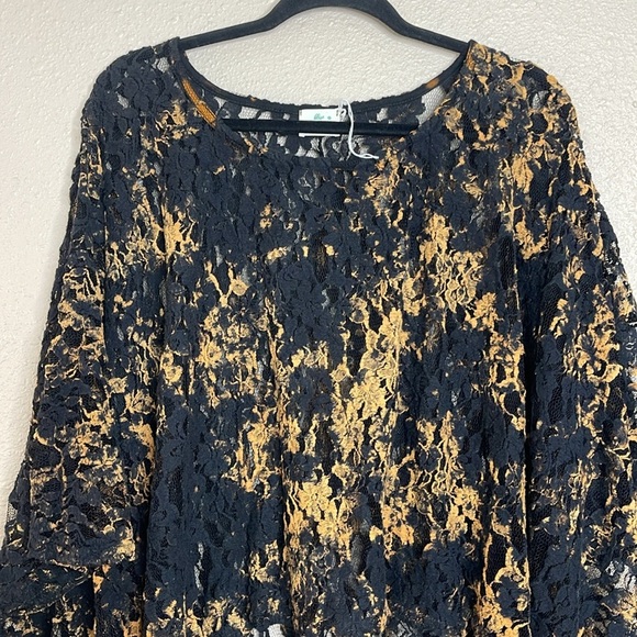 Blue Buttcup Womenβs Sheer Lace Tunic Top Kimono Black Gold Tie-Dye Look Sz S - Picture 2 of 10